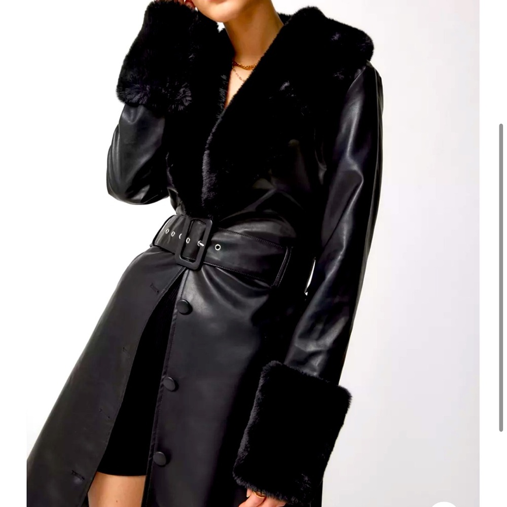 Lioness Black Faux Leather Trench Coat with Fur Trim